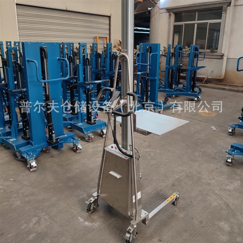 普尔夫不锈钢半电动堆高车手动工位车液压叉车平台升高车搬运车