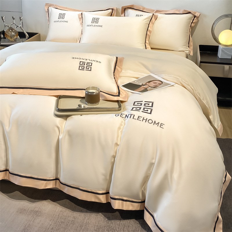 简约纯色四件套纯色刺绣水洗冰丝床单被套冰丝床上用品四套件