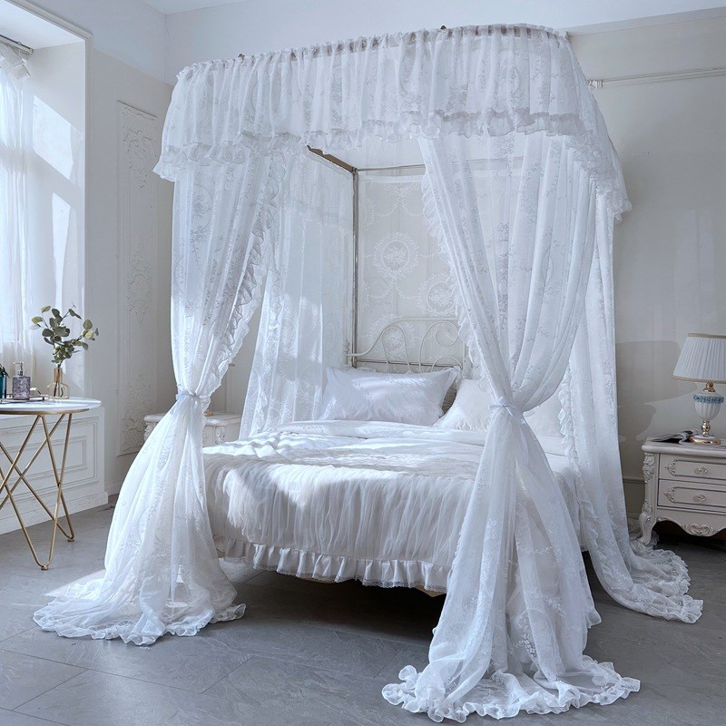 2022新款法式纯白蕾丝轨道蚊帐针织绣花导轨文帐三开门卧室床幔