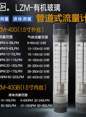 LZM-40G/40GB管道流量计有机玻璃转子1.5寸接口水气体浮子流速表
