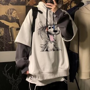 潦草小狗连帽加绒卫衣男冬季新款假两件痞帅复古情侣宽松百搭潮流