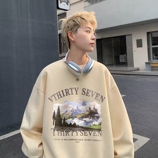 潮流2026秋冬季新款卫衣男圆领套头长袖百搭oversize薄款宽松上衣