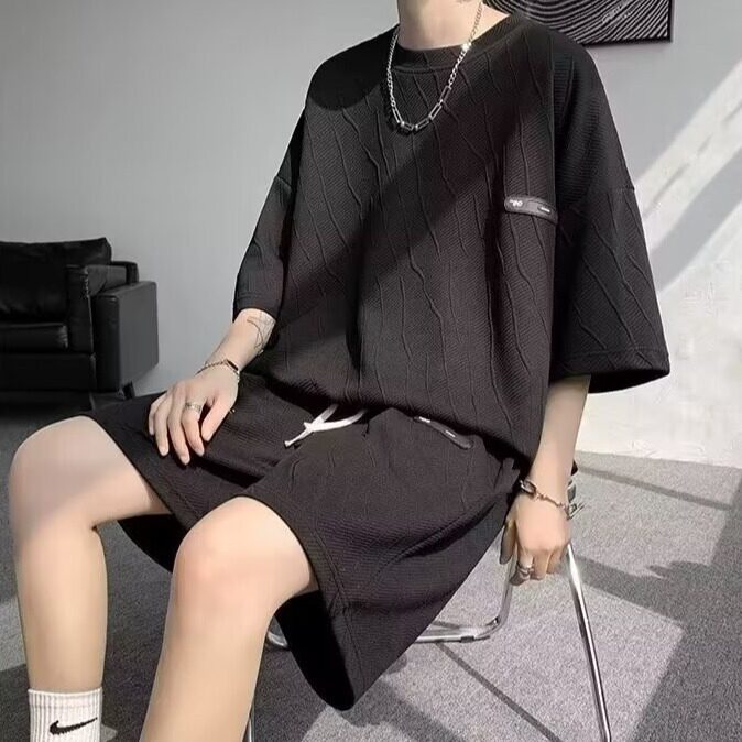 运动套装男夏季休闲宽松时尚五分裤大码家居服 重磅华夫格五分t恤