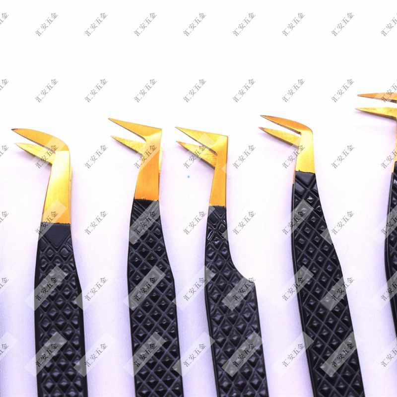 工厂供应黑金压纹纤维头镊子 fiber tips 高精密螺纹嫁接睫毛镊子