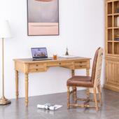 美式 橡木办公桌三抽写字台复古田园书房电脑桌子 乡村原木书桌欧式