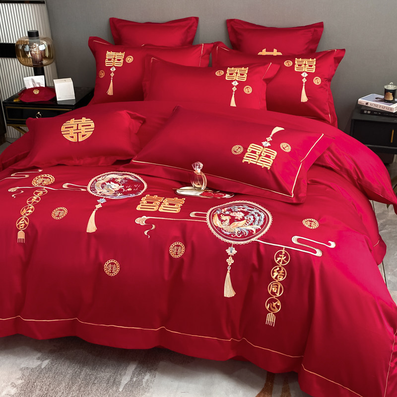 龙凤刺绣全棉结婚四件套大红色床单被套婚庆喜被床上用品