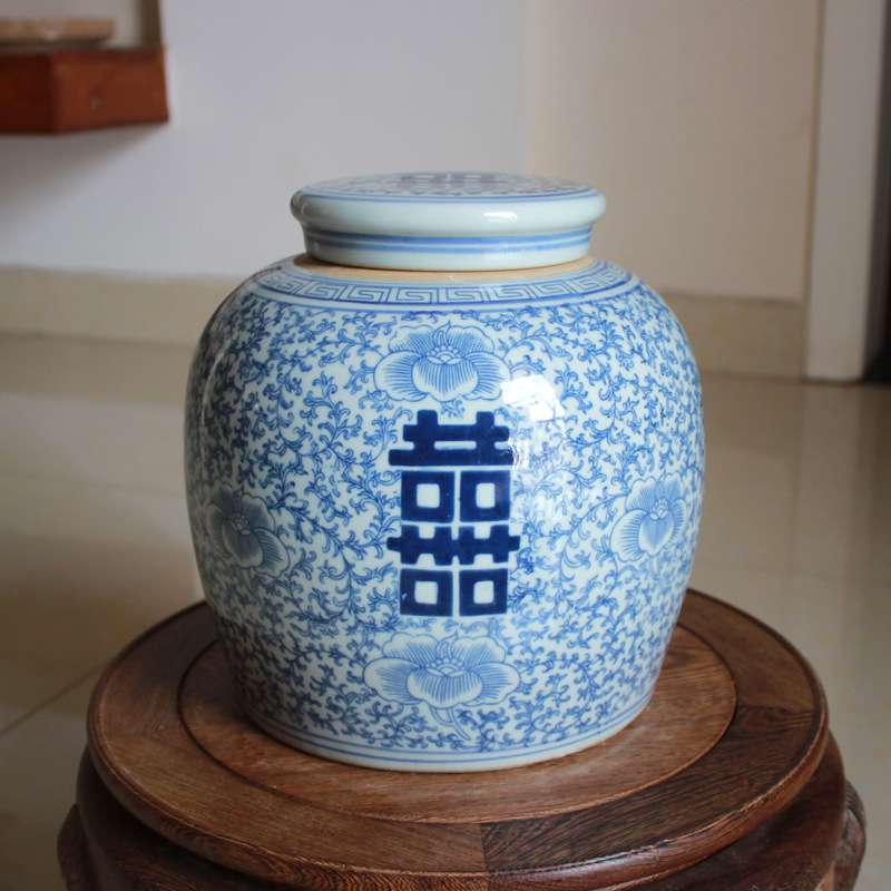 景德镇青花陶瓷大号仿古喜字罐储物罐带盖罐青花瓷中式喜字坛