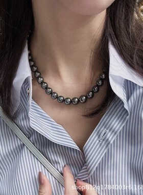 新款施家大溪地黑珍珠项链轻奢高A级锁骨链元宝扣设计小众轻奢配