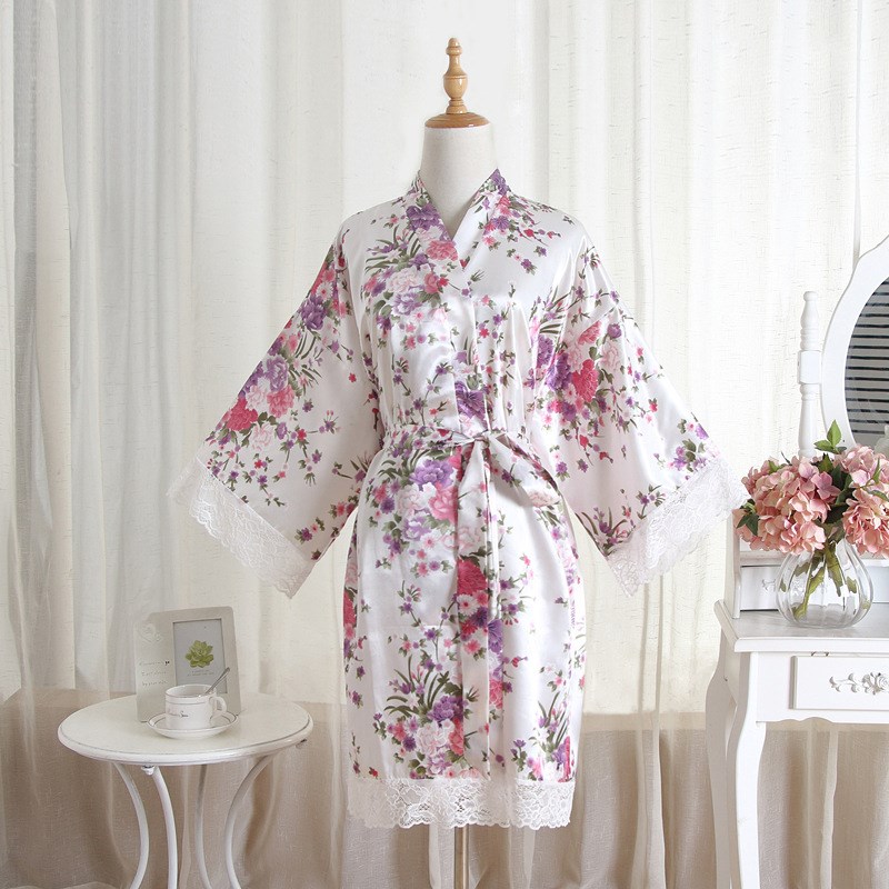 夏外贸仿丝蕾丝花边碎花睡H袍短和服浴袍开衫睡袍
