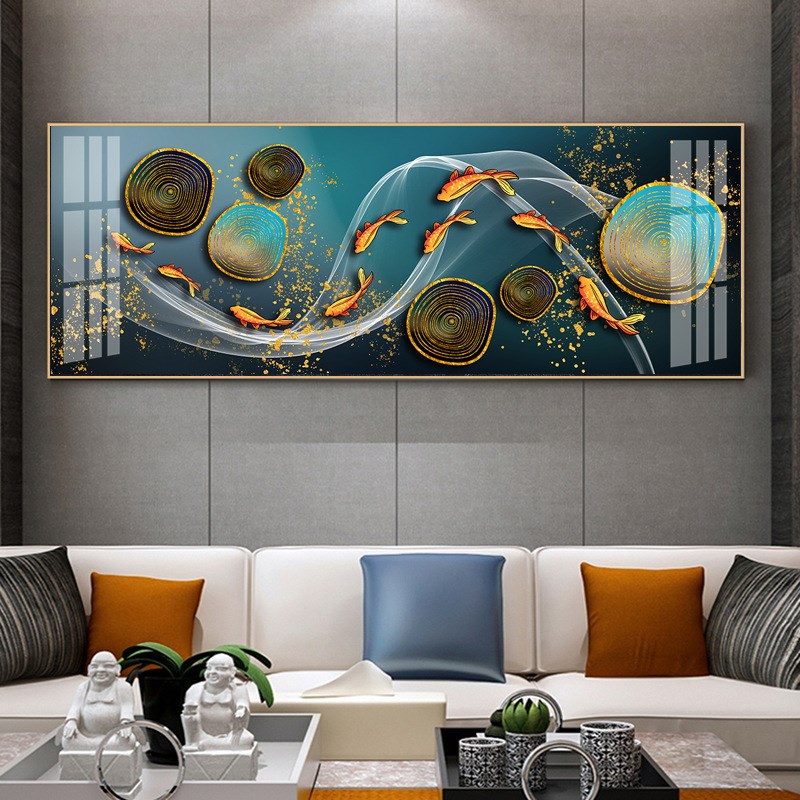 轻奢大气现代简约j客厅装饰画卧室床头背景墙壁画新中式九鱼图挂图片