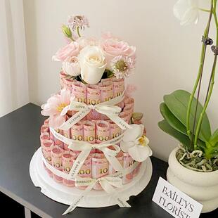 创意圆形花泥蛋糕花盒钱花束有钱花DIY材料惊喜包装圆盒生日礼盒