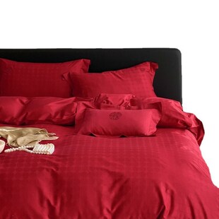 大红色婚房四件套全棉床单被套结婚喜庆新婚嫁长绒棉床品