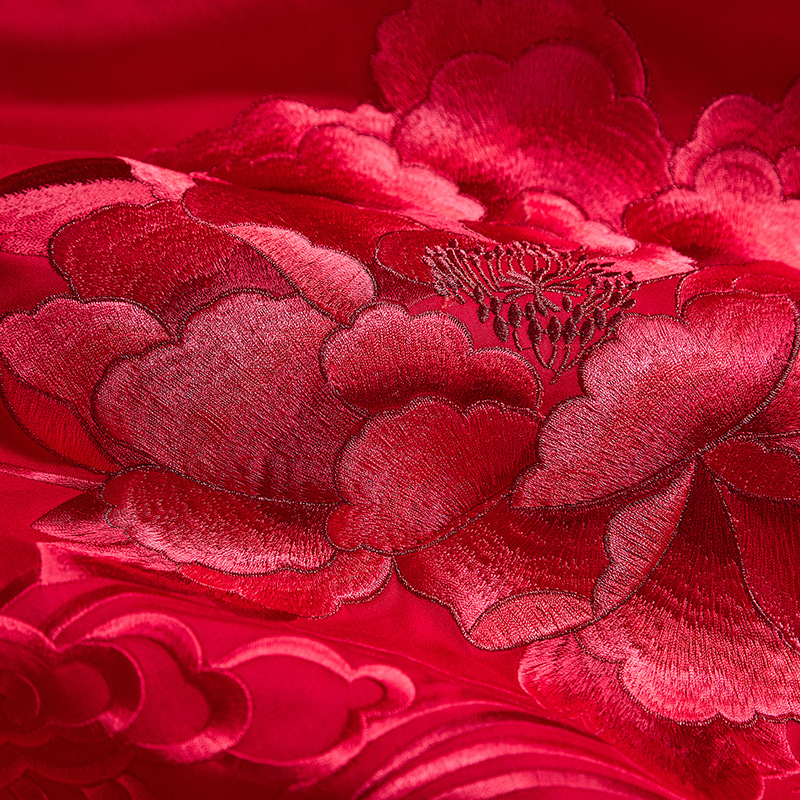 婚庆四件套100全棉大红色陪嫁喜被龙凤刺绣结婚被单六十件套