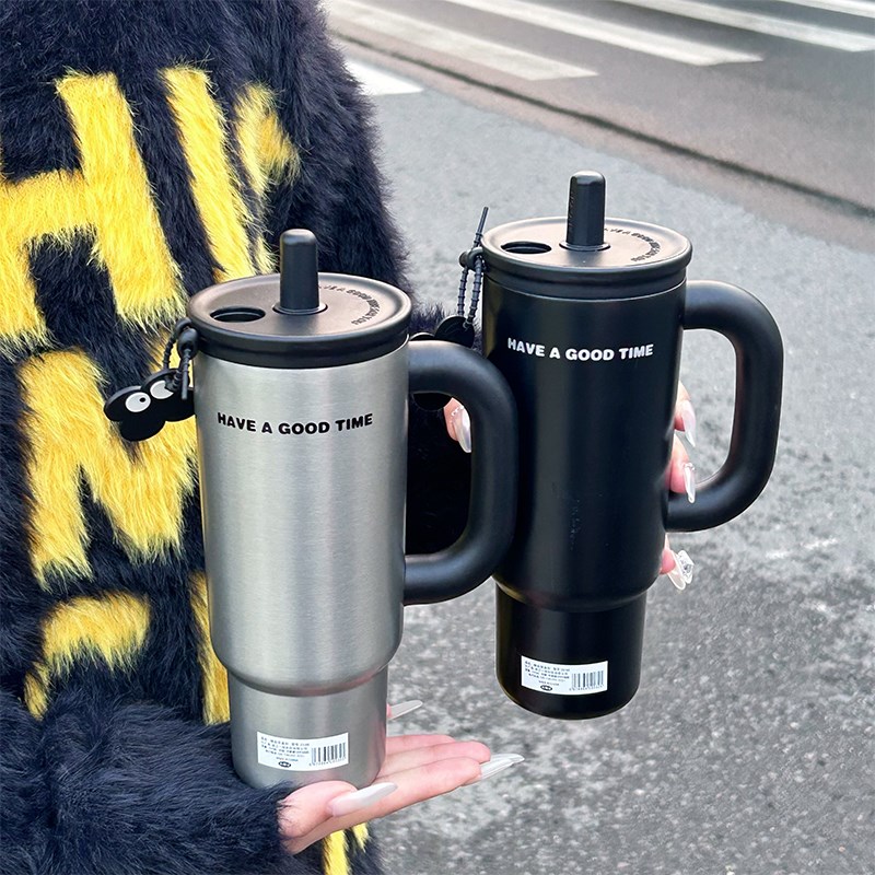 简约保温杯2024新款女高颜值316不锈钢双饮水杯便携冰霸杯带把手