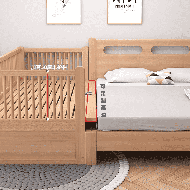 实木单人儿童床带护栏可储物小床定制榉木宝宝婴儿床拼接大床加宽