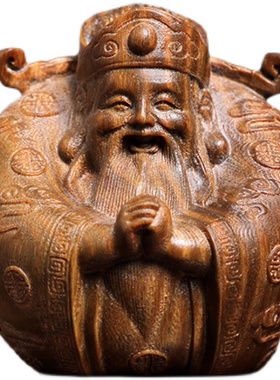 天然绿檀木雕小财神招财好运文玩手把件家居装饰品桌面工艺品摆件