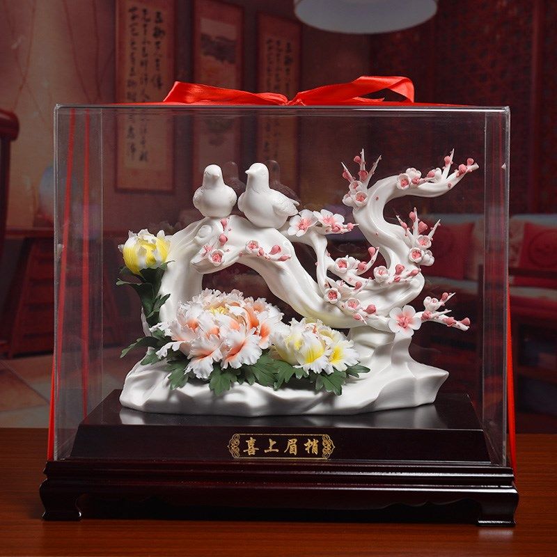 手工结婚礼品喜上眉梢陶瓷花雕塑艺术品中式客厅装饰艺术摆件