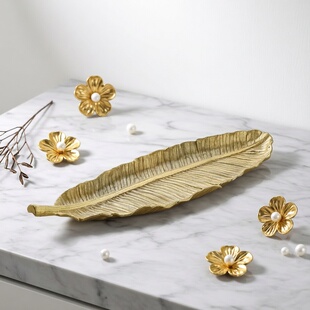 香蕉叶大号盘镀金珐琅托盘摆件艺术手工制作送礼新居