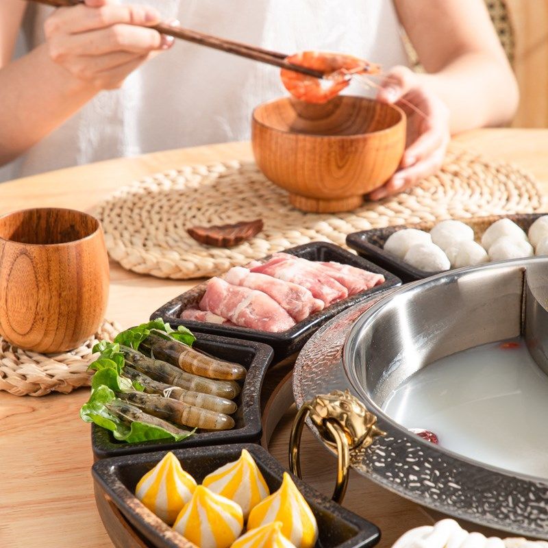 日式火锅呼啦圈 日式烤肉 可旋转 竹木大号圆盘 围炉餐具套装