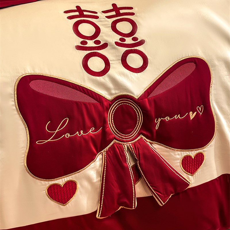 公主风结婚四件套新婚床上用品全棉红色喜庆100支长绒棉抱枕六件4