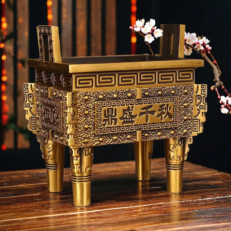 铜鼎摆件黄铜四方鼎招财鼎摆件黄A铜双龙盛鼎大号盛鼎四方鼎开业