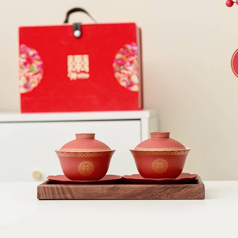 宫廷红改口敬茶杯结婚茶具套装婚庆陪嫁陶瓷对碗筷新中式婚礼用品