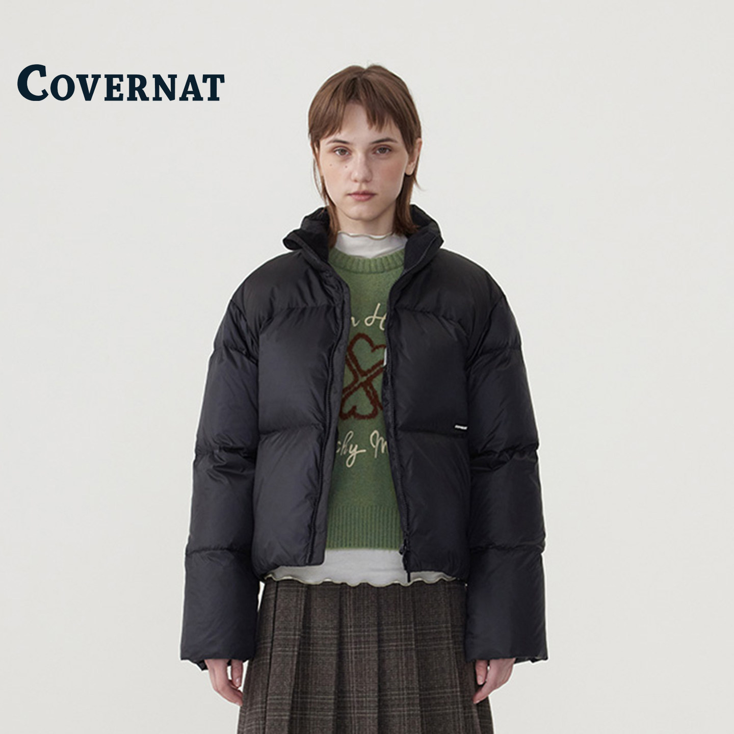 COVERNAT韩国羽绒服女款冬季极简风短款保暖外套黑色立领面包服