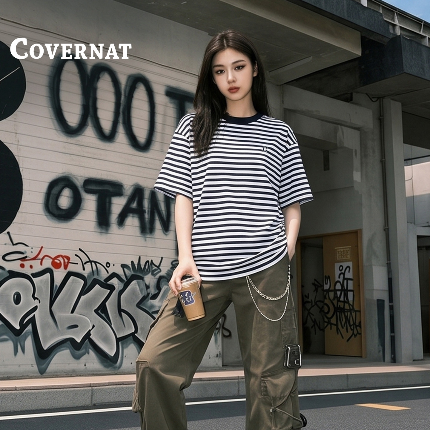 COVERNAT韩国短袖女T恤早春情侣运动内搭条纹上衣显瘦正肩打底衫