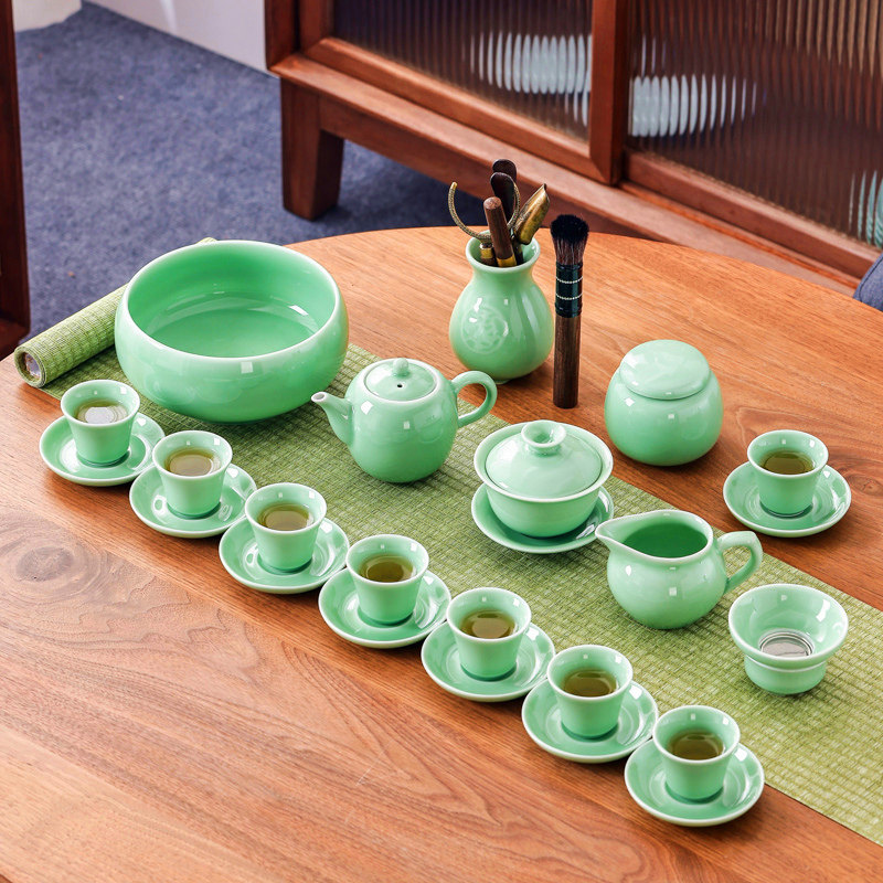 青瓷功夫茶具套装家用办公茶艺陶C瓷整套茶壶盖碗茶道杯垫茶洗过
