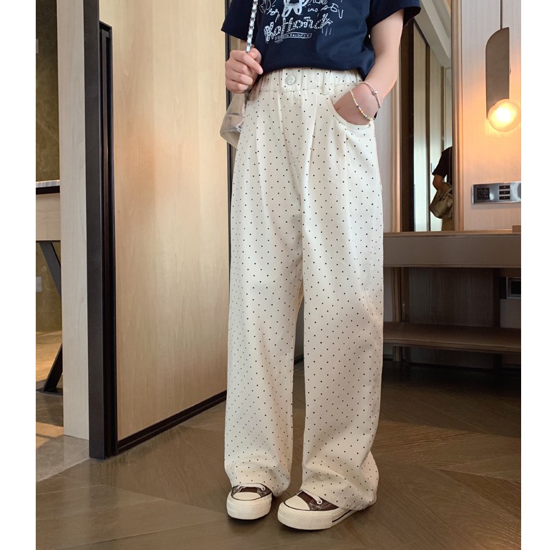 女大童白色波点直筒裤2024夏装新款青少年韩版休闲长裤宽松阔腿裤