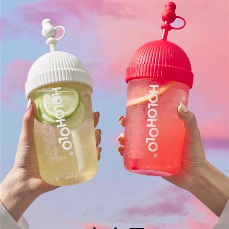 holohoelo帽帽吸管玻璃杯带盖办公桌面杯可爱奶茶咖啡大容量水杯