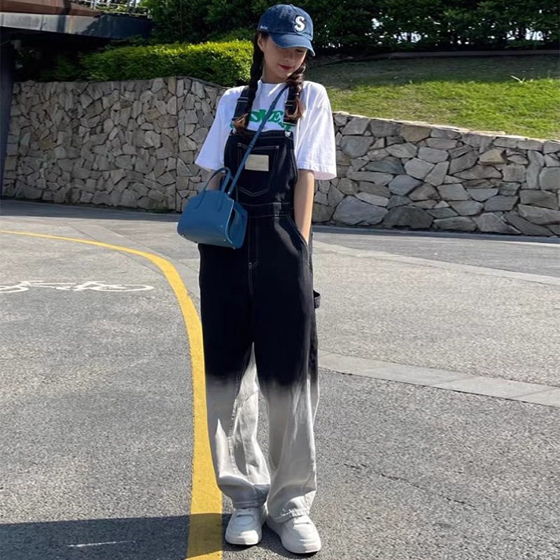 减龄气质渐变牛仔背带裤女春秋大码胖mm显瘦宽Q松直筒阔腿连体长