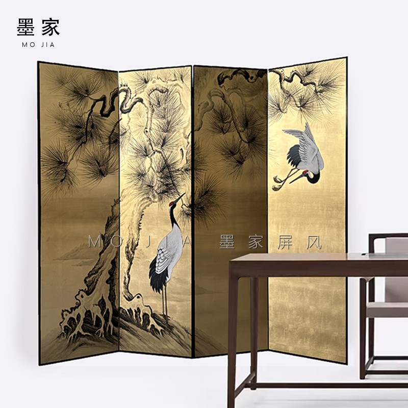 手绘漆画日式古松鹤金箔屏风新中式客厅隔断古典茶室折屏可定制