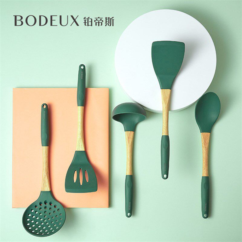 铂帝斯木柄硅胶厨具套装耐热尼龙不粘锅煎铲漏汤勺烹饪勺铲5件套