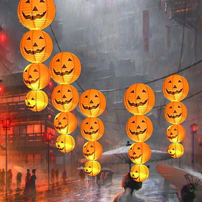 万圣节南瓜灯装饰品酒吧幼儿园场景布置挂饰串发光纸灯笼手提道具