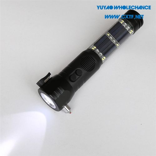 带强磁底座的铝合金太阳能充电救生应急闪光声音报警安全锤手电筒