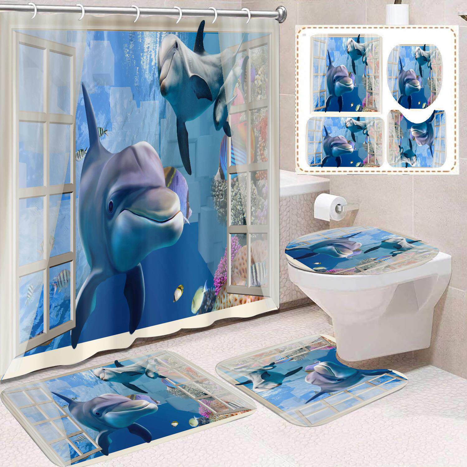 跨境浴帘蓝色海豚套装数码印花涤纶免打孔浴室帘隔断帘家居