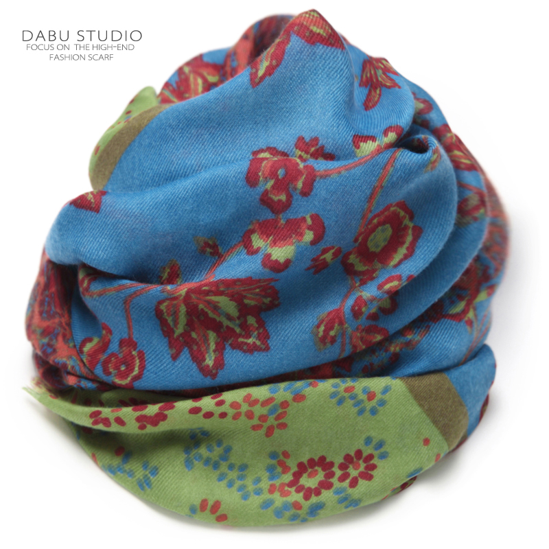 DU家定制设计师款民族风满分配色蓝绿撞色印花围巾丝巾长款女春夏