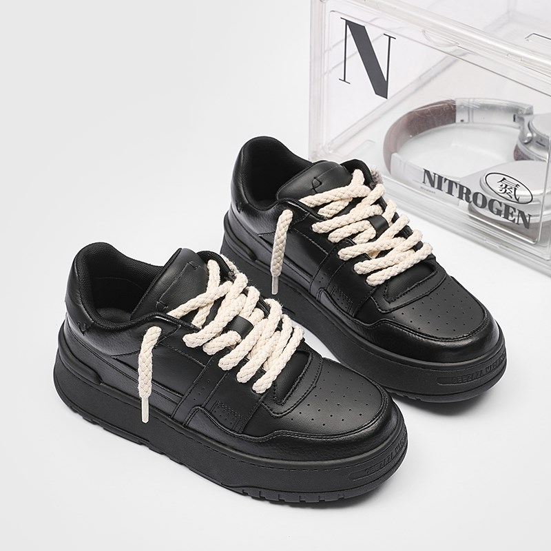 纯黑板鞋厚底增高小黑鞋秋冬小众面包鞋男韩版百搭休闲鞋潮流男鞋