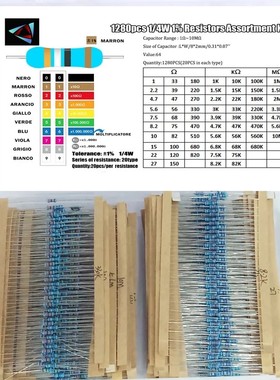 64个阻值1280PCS 1ohm-10Mohm 金属膜电阻器电阻器套件1280个