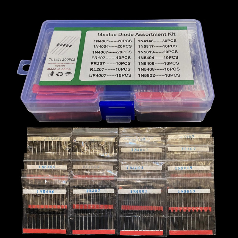 200PCS 14种规格开关/整流/肖特基二极管样品盒装14种1N5404 5822