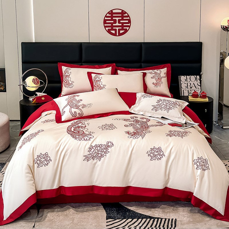 长绒棉婚庆喜嫁床上用品四件套红色被套床单六件套八