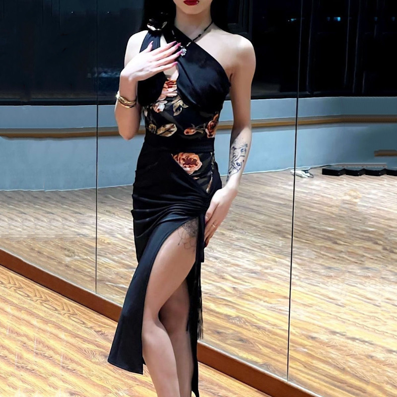 高级印花斜肩无袖胸垫帅气显豹纹款艺G考表演拉丁舞服镂空高档颜