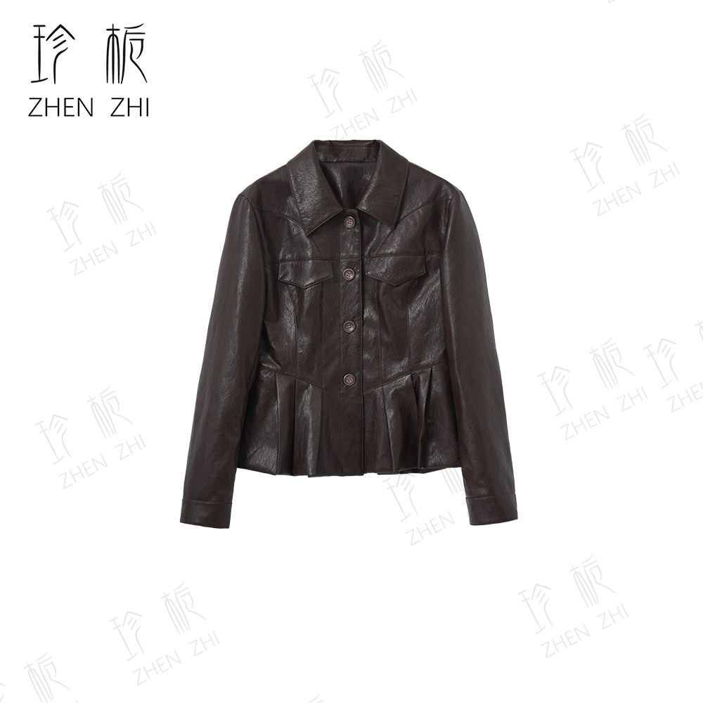 休闲显瘦短款翻领皮衣外套图片