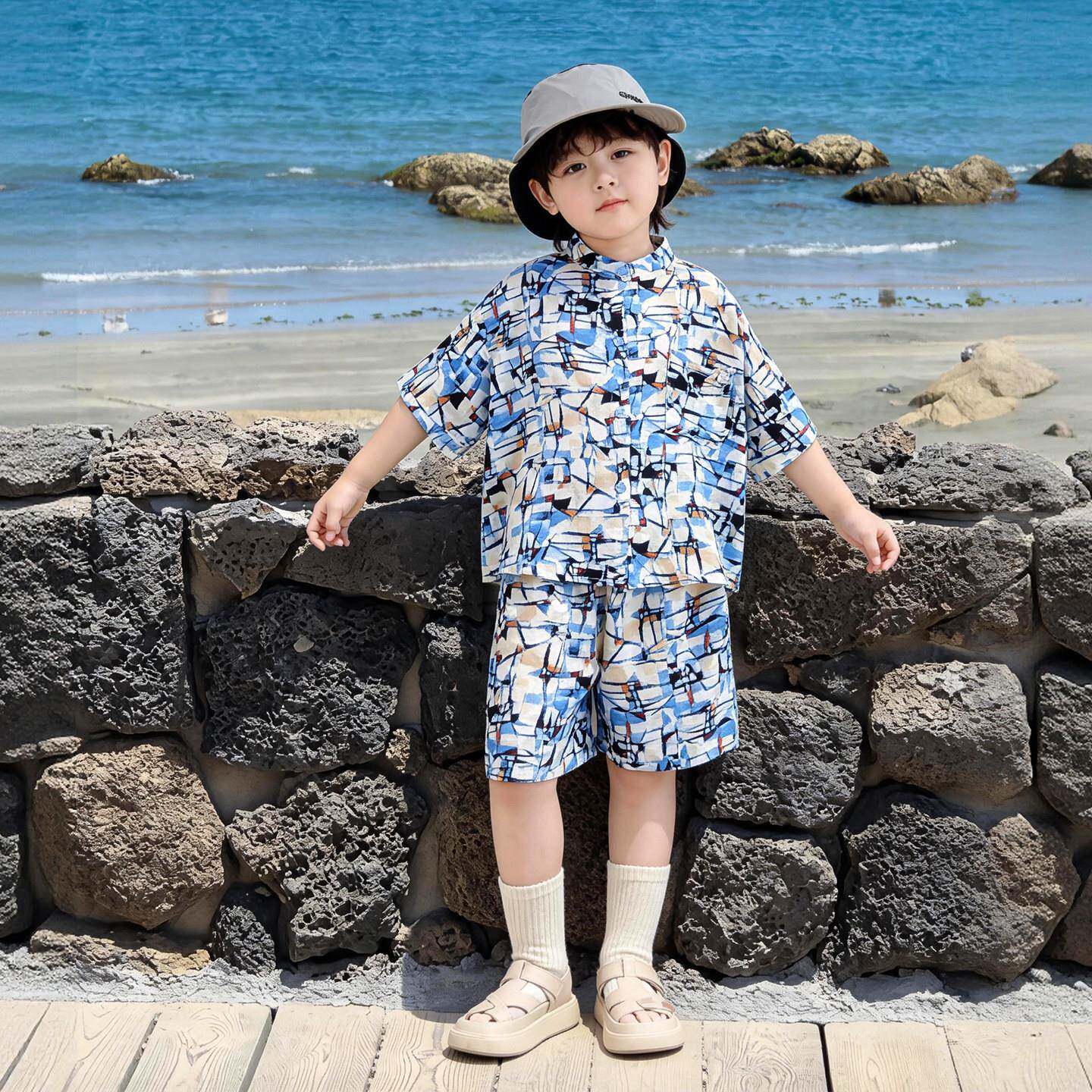 男款童夏装新小童宝宝海边度衣服儿童STF夏沙滩服两件套季衬假衫