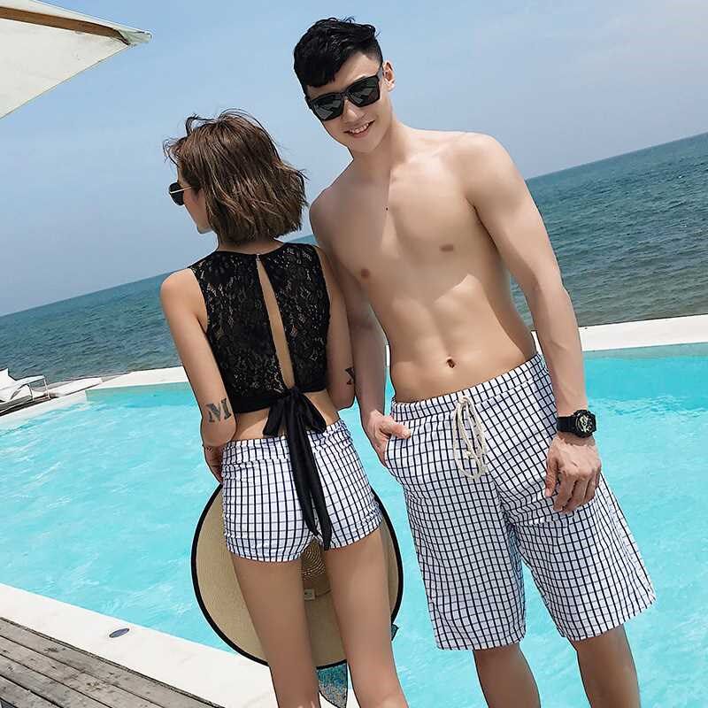 情侣泳衣女三件套分体平角显瘦保守韩版时尚小清新度假温泉女泳衣