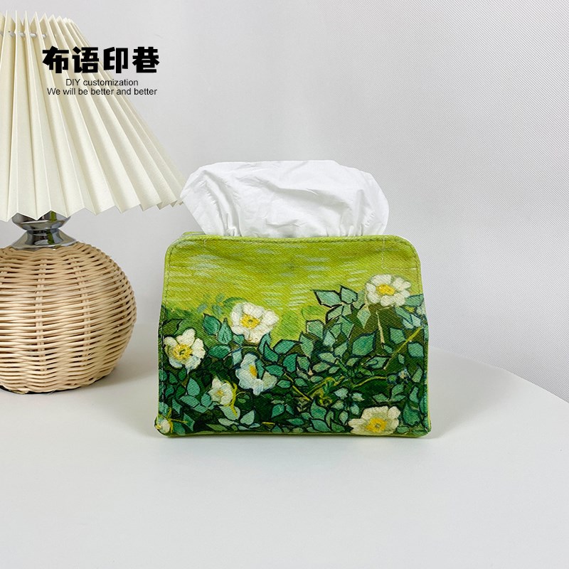 艺术家梵高野玫瑰复古油画布艺纸巾收纳盒布套家用客厅博物馆定制