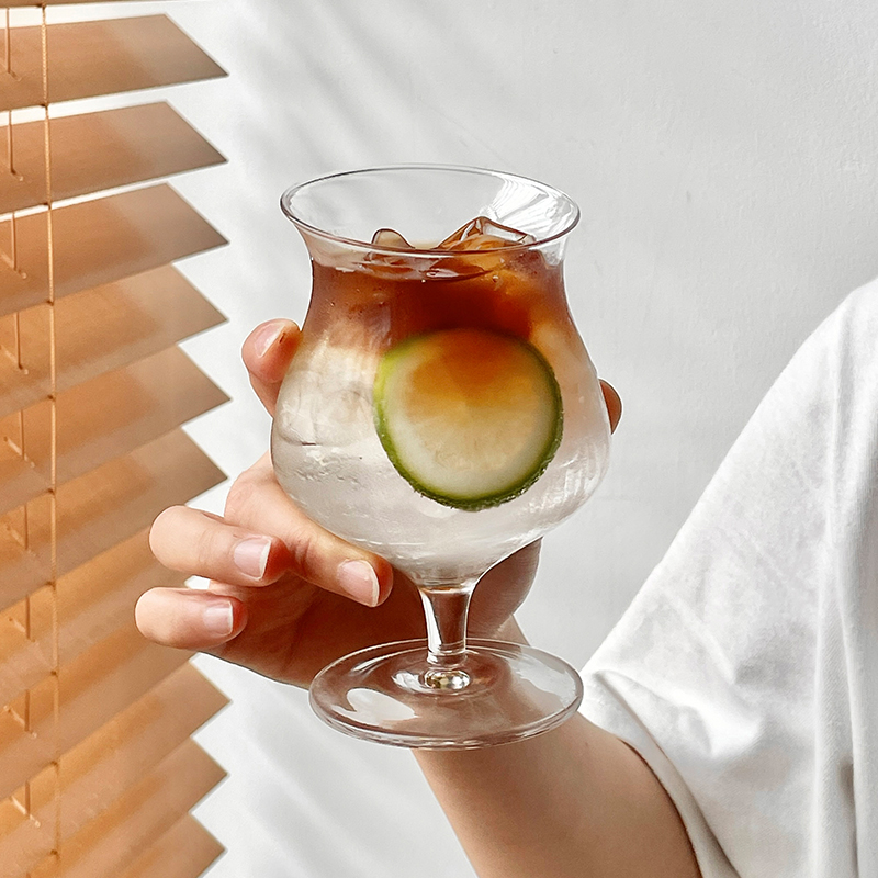 ins风斜口高脚玻璃杯冰美式拿铁咖啡杯创意鸡尾酒杯特调饮品杯子