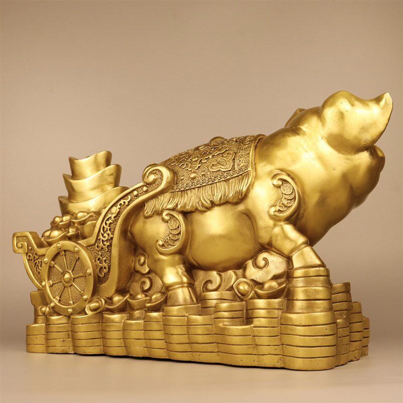 金猪摆件铜元宝猪生肖猪家居前台桌面装饰品大号猪拉元宝金钱福猪