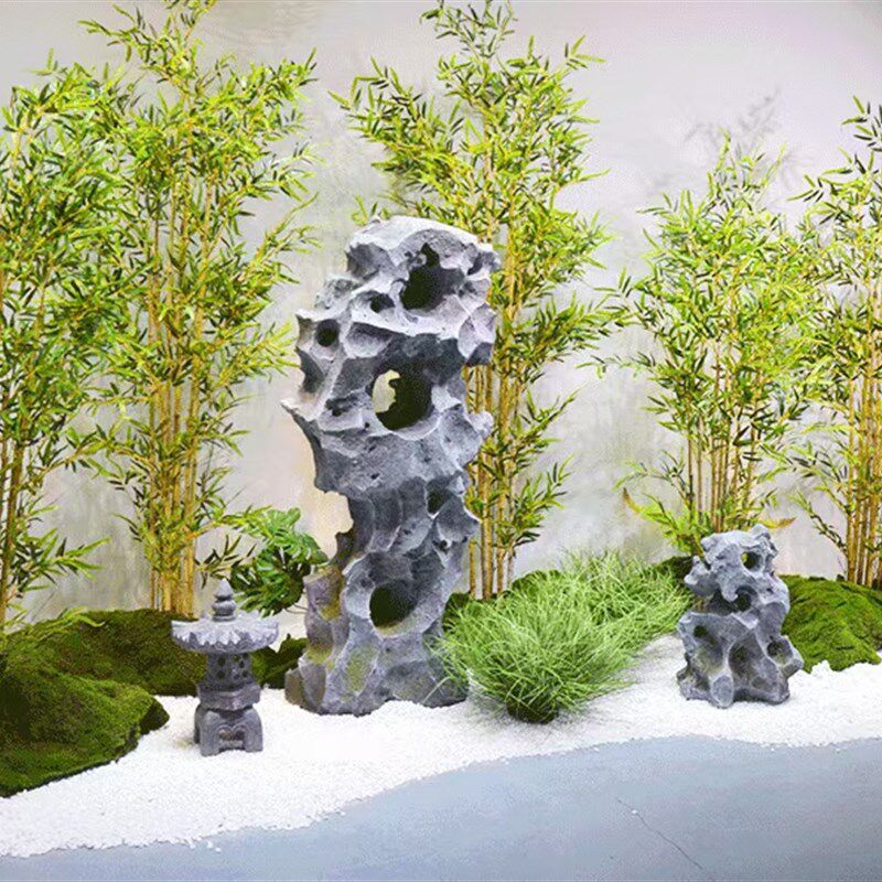 彷真绿植a软装假山太湖石雪浪石室内造景摆件中式竹子迎客松树装